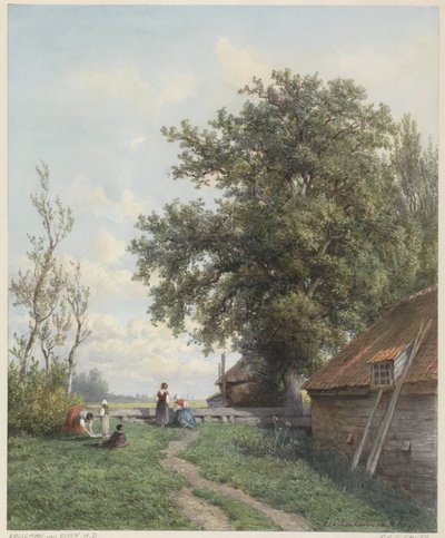 Farmyard with Some Figures, a Barn, and a Large Tree on the Right by Hendrik Dirk Kruseman van Elten