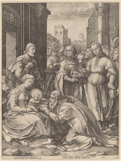 The Adoration of the Magi by Hendrik Goltzius in the style of Lucas van Leyden
