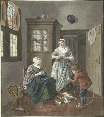 Interior with Sewing Woman, Maid, and Playing Boy by Hendrik Jan van Amerom
