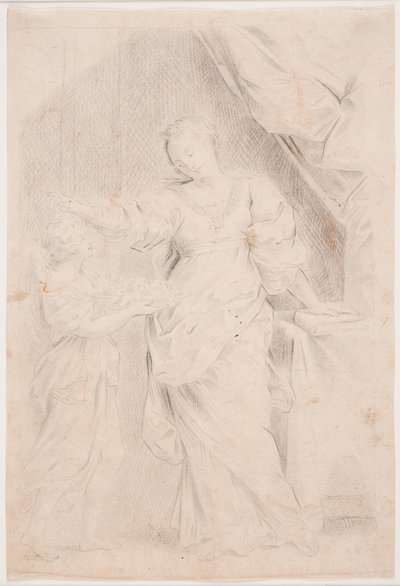 Standing Woman with Left Hand on a Book. To the Left, a Youth Brings Her a Dish of Fruits, Which She Rejects by Hendrik Krock