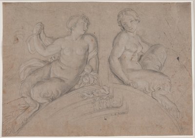 Two Female Satyr Figures (Fauns) on a Segmental Arch by Hendrik Krock
