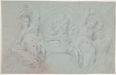 Two seated female figures around a medallion with Heracles