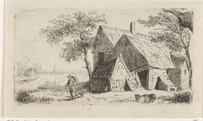 Man with Dog by a Farmhouse by the Water by Hendrik Marcus Schouten