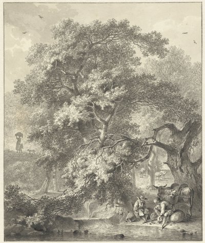 Forest Scene with Resting Shepherds by a Waterfall by Hendrik Meijer