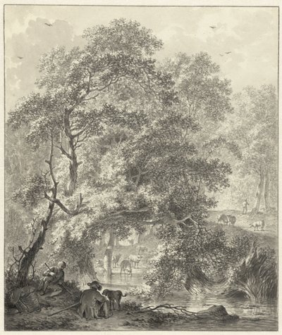Forest Scene with Two Boys and a Dog Sitting by the Water by Hendrik Meijer