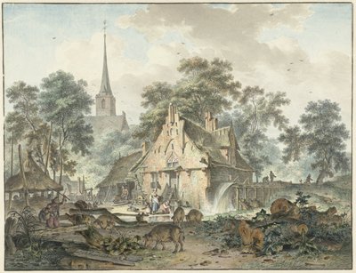 Watermill and Village Church by Hendrik Meijer