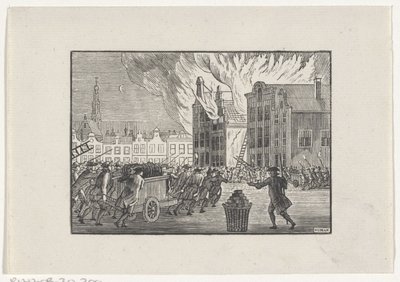 Firefighters Rushing to a Burning House in a Market Square by Hendrik Numan