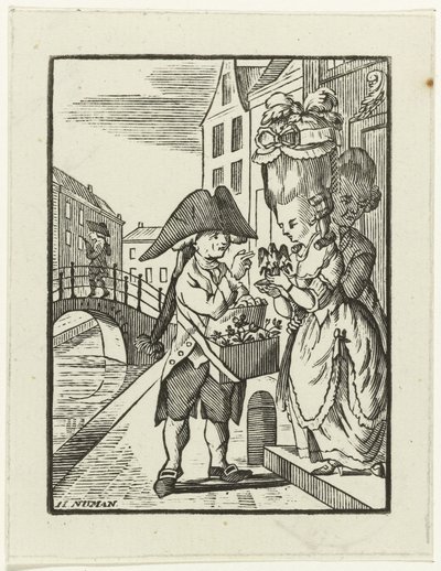 Street Vendor of Fireplace Decorations with Two Customers by Hendrik Numan