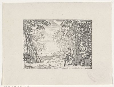 Woman in an Orchard Peeling an Apple for a Boy by Hendrik Numan