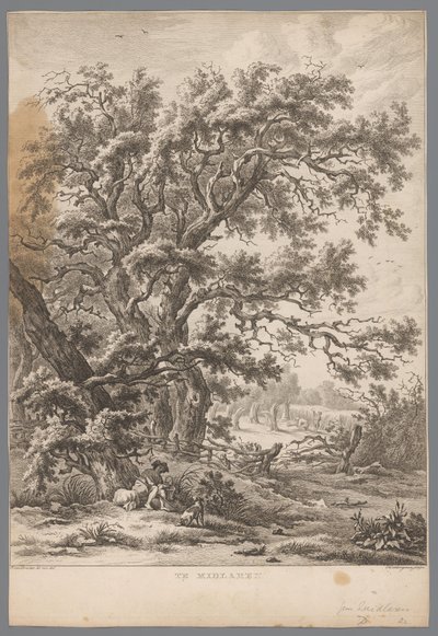 Landscape with a Man and Dog Under a Tree at Midlaren (Nine Views in Drenthe series) by Hendrik Schwegman