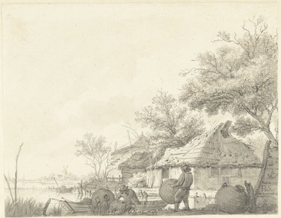 Two Fishermen with Baskets by a Canal by Hendrik Schwegman