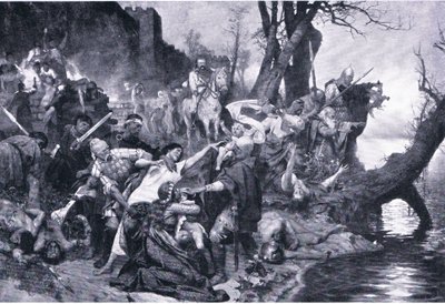 Warriors of Sviatoslav at the massacre under the walls of Drster, illustration from Landmarks in European History by Henryk Siemiradzki