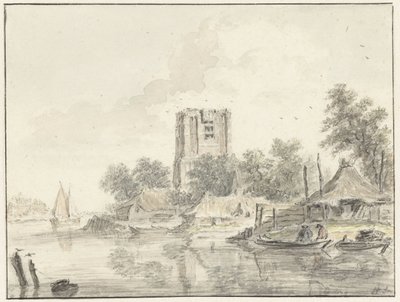 River Landscape with a Large Blunt Church Tower by Hendrik Spilman