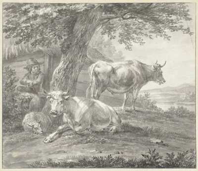Two Cows and Two Sheep Under a Tree by a Barn by Hendrik Stokvisch