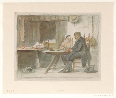 Writing Man and a Woman at a Table by Hendrik Valkenburg