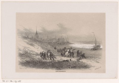 Scheveningen During the Storm of May 28, 1860 (series: Album of Ten Lithographed Sketches Depicting Scenes of the Destruction Caused by the Storm of May 28, 1860 in The Hague Forest, Scheveningen) by Hendrik Wilhelmus Last