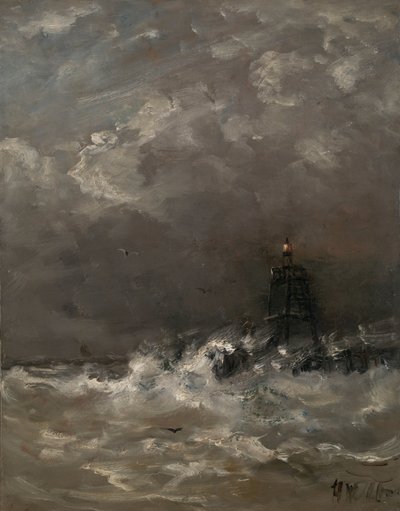 Lighthouse in Breaking Waves by Hendrik Willem Mesdag (signed by artist)
