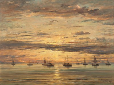 Sunset at Scheveningen: A Fleet of Fishing Vessels at Anchor by Hendrik Willem Mesdag