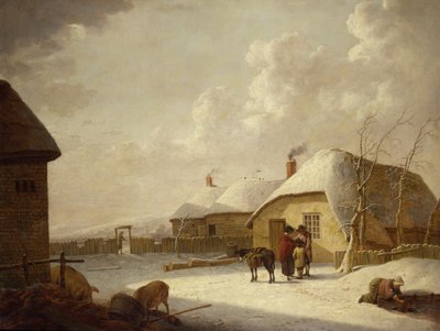 Figures Outside a Cottage in the Snow by Hendrik Willem Schweickardt