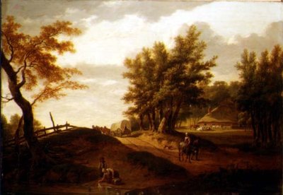 A wooded landscape with a waggon and peasants travelling on a road, a washerwoman at a pond and a farm beyond by Hendrik Willem Schweickhardt