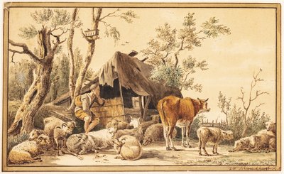 A Shepherd with His Flock by a Shed by Hendrik Willem Schweickhardt