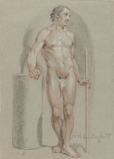 Standing Male Nude, with a Stick in Hand, Leaning on a Studio Cylinder by Hendrik Willem Schweickhardt