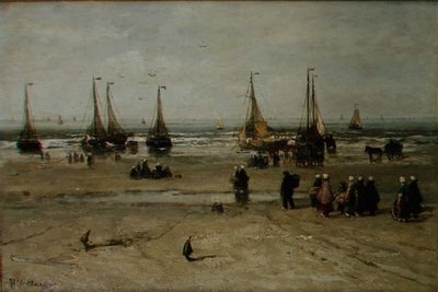 Coastal Landscape with Fishing Vessels and Fisherfolk by Hendrik William Mesdag