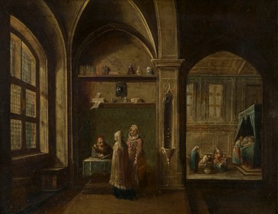 A Renaissance Interior with figures: The Birth of St John by Hendrik the Younger Steenwyck