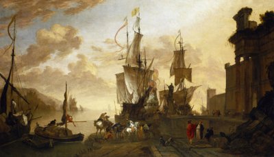 Navigation in Livorno (Italy), two ships moored at the dock, idealized description of the main port of Tuscany, the maritime crossroads between the East and the Muslim world, represented by the camel and non-European figures, and Europe by Hendrik van Minderhout
