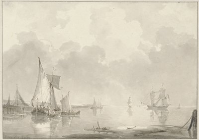View of the Coast with Ships in Calm Water by Hendrik van den Helm