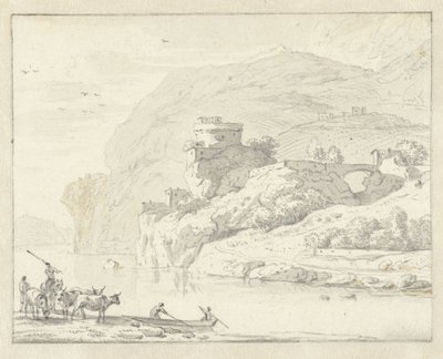 Italianate Mountain Landscape with Herders and Cattle, and Two Figures in a Boat Crossing the River by Hendrik van der Straaten (attributed to)