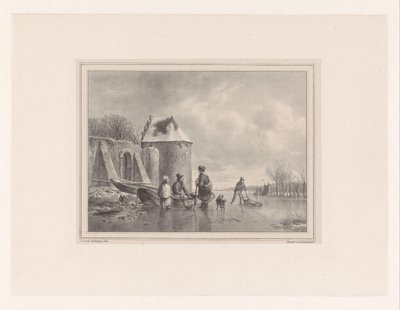Frozen Pond with Figures by Rowboat and Skater by Hendrikus van de Sande Bakhuyzen