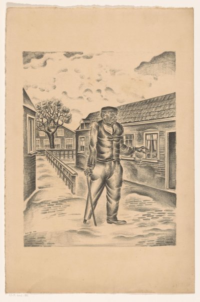 Man with Wooden Leg and Cane in a Village Street by Henk Henriët