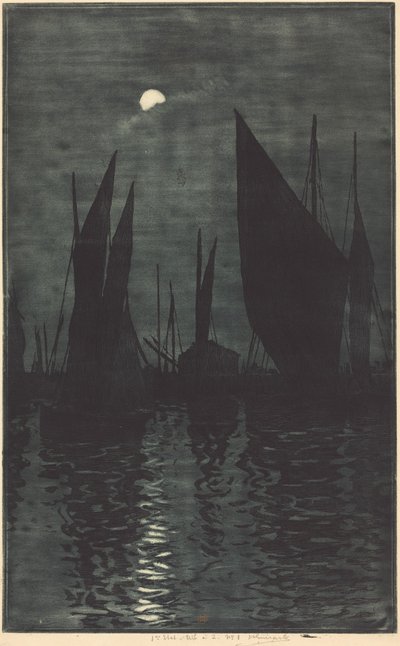 Moonlight in the Harbor at Dieppe by Henri-Charles Guérard