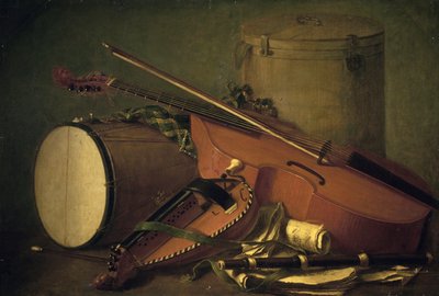 Musical instruments, drum, violin, flute and hurdy-gurdy by Henri Horace Roland Delaporte
