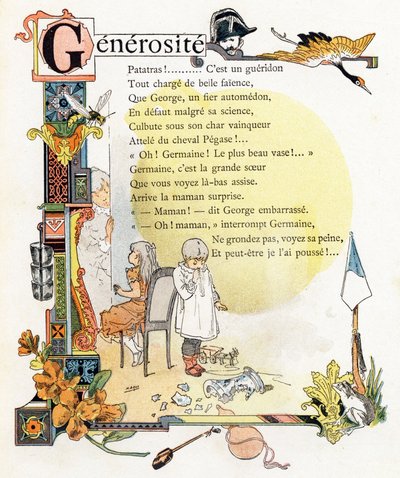 Letter G Generosity - Gendarme Crane Wasp Buckets Wallflower Gourd Frog - Engraving in "Alphabet of Good Examples" - Jules Levy, publisher - Illustrations by Henri Boulanger, alias Henri Gray (1858-1924). Texts (poems) by Mme P. Boulanger by Henri (1858 1924) Gray