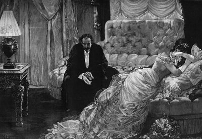 Return from the prom: a jealousy scene between a woman in tears and a man nervously taking off her gloves. Engraving after the painting by Henri Gervex (1852-1929). In 