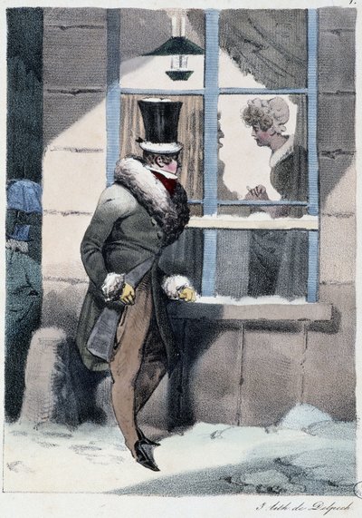 Curious Man Looking Out the Window Inside a House: Everyone Takes His Pleasure Where He Finds Him - in Les Pastemps by Henri Monnier, ed. Delpech, Paris by Henri Bonaventure Monnier