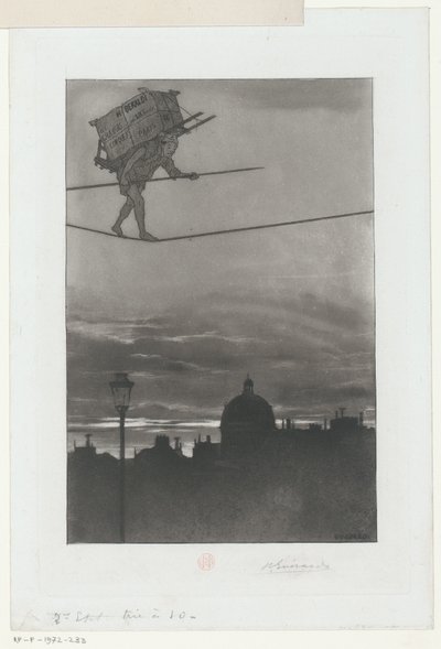 Tightrope Walker with Package on His Back Above a City (Title Page for: Henri Béraldi, Les Graveurs du XIXe Siècle, 1888) by Henri Charles Guérard (signed by artist)