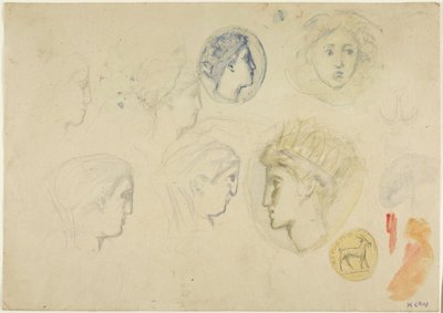 Sketches: Profile Heads, Coins or Medals (recto); Trees (verso) by Henri Cros