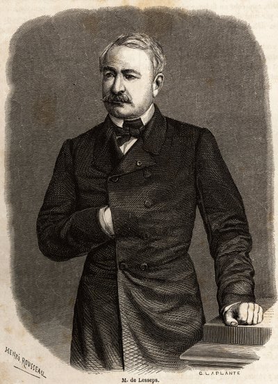 Portrait of Ferdinand de Lesseps, diplomat and entrepreneur, promoter of the Canals of Suez and Panama, drawing by Henri Rousseau, to illustrate an excursion to the Suez Canal in 1862 by Paul Merruau. Engraving in 