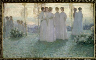 On Sunday, Woman Dressed in White Talking in a Garden by Henri Eugene Augustin Le Sidaner
