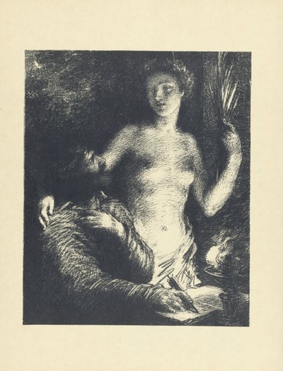 Man Sitting with Pen in Hand and Open Book and Next to Him Standing Naked Woman as Muse or Inspiration (L