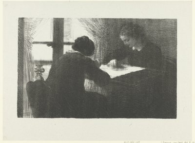 Two Women Embroidering at a Table by a Window Interior of Embroiderers L