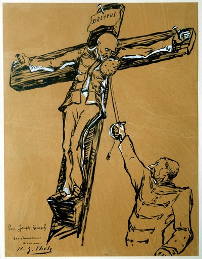 Satire on the Dreyfus affair: “Captain Dreyfus and General Mercier (1833-1921): the minister of war who sentenced Dreyfus, in the place of the Roman soldier, extends a sponge to Captain Dreyfus crucified so that he wipes his face” by Henri Gabriel Ibels