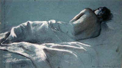 Study for Le Blesse de Guerre (charcoal with red & white chalk on blue paper) by Henri Gervex