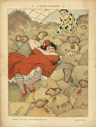 Illustration of Henri Gousse (1872-1914) in Le Rire, 03/04/09 - La France en Lethargie - Social, Strike, Postal Service - Clemenceau George, Marianne by Henri Gousse