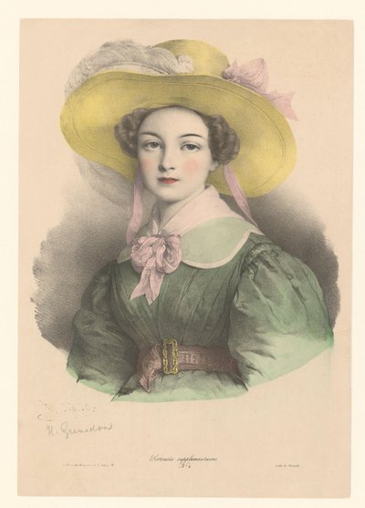 Portrait of a Young Woman with Hat with Feather and Bow (Portraits) (Supplementary Portraits) by Henri Grevedon