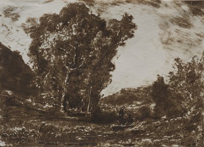 Two Boatmen in a Marsh near a Cluster of Trees by Henri Joseph Constant Dutilleux