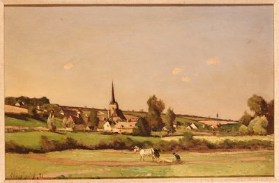 An Extensive Landscape with a Ploughman and a Village Beyond by Henri Joseph Harpignies